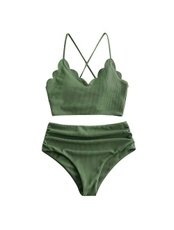 Women's Floral Leaf Print Lace-up Criss Cross Tankini Set High Waisted Scoop Collar Padded Bathing Suit