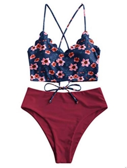 Women's Floral Leaf Print Lace-up Criss Cross Tankini Set High Waisted Scoop Collar Padded Bathing Suit