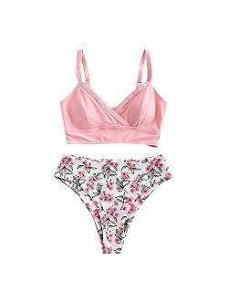 Women's Floral Leaf Print Lace-up Criss Cross Tankini Set High Waisted Scoop Collar Padded Bathing Suit