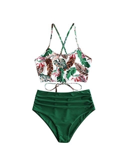 Women's Floral Leaf Print Lace-up Criss Cross Tankini Set High Waisted Scoop Collar Padded Bathing Suit