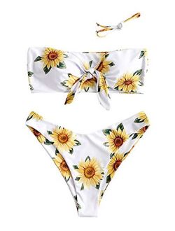 Women's Tie Knot Front Sunflower Print Bandeau Bikini Set Swimsuit Bathing Suits