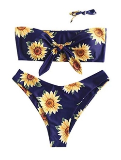 Women's Tie Knot Front Sunflower Print Bandeau Bikini Set Swimsuit Bathing Suits