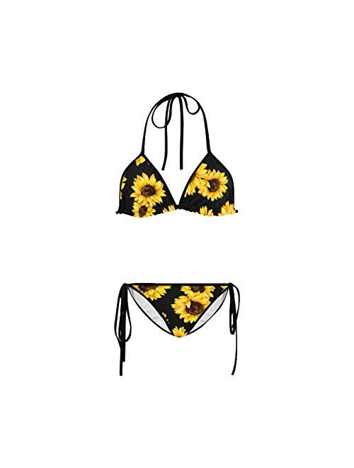 InterestPrint Women's Sunflower Pattern Black Background Two Pieces Swimsuit Triangle Bra Bottom Bikini Set S