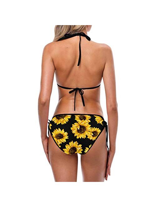 InterestPrint Women's Sunflower Pattern Black Background Two Pieces Swimsuit Triangle Bra Bottom Bikini Set S