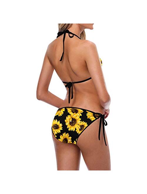 InterestPrint Women's Sunflower Pattern Black Background Two Pieces Swimsuit Triangle Bra Bottom Bikini Set S