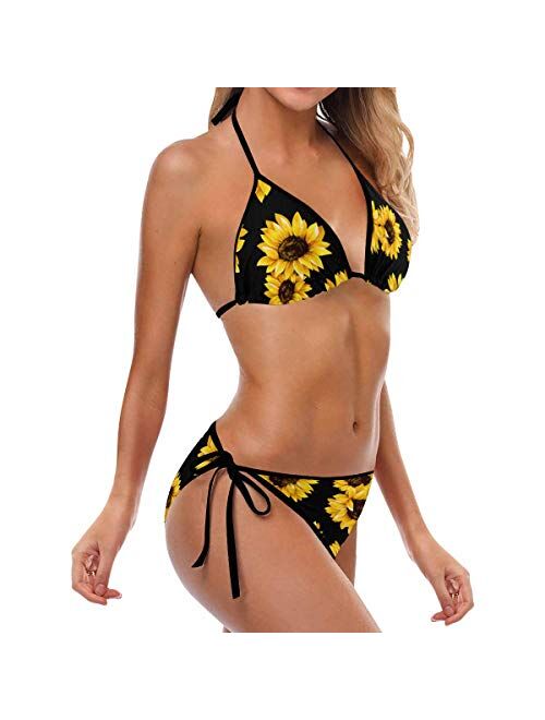 InterestPrint Women's Sunflower Pattern Black Background Two Pieces Swimsuit Triangle Bra Bottom Bikini Set S