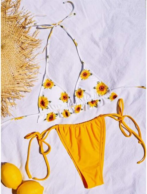 Buy Shein Sunflower Print Triangle Thong Bikini Swimsuit Online