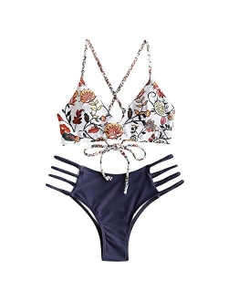 Women Braided Straps Lace Up Bikini Set Bralette Swimsuit Flower Bathing Suit