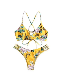 Women Braided Straps Lace Up Bikini Set Bralette Swimsuit Flower Bathing Suit