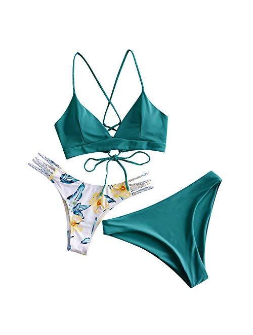 ZAFUL Women Braided Straps Lace Up Bikini Set Bralette Swimsuit Flower Bathing Suit