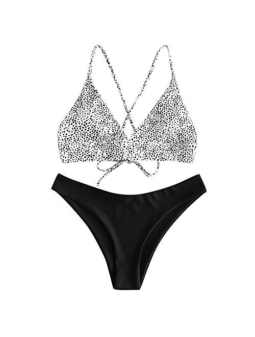 ZAFUL Women Braided Straps Lace Up Bikini Set Bralette Swimsuit Flower Bathing Suit