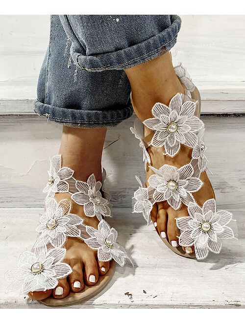 White Beaded Flower Sandal - Women