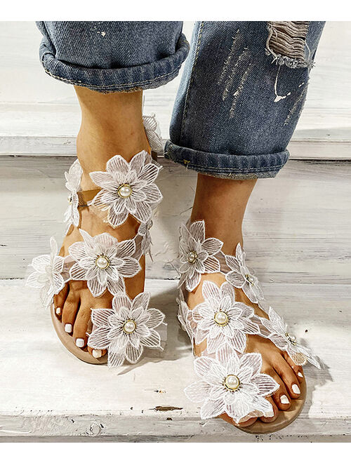 White Beaded Flower Sandal - Women