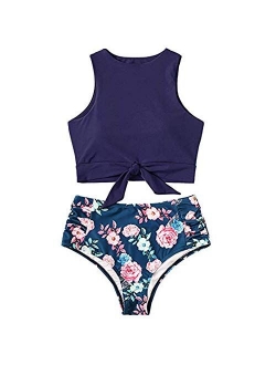 Floral Crop Tie Knot Front High Waisted California Bikini Set Hawaii Two Piece Swimsuit for Women