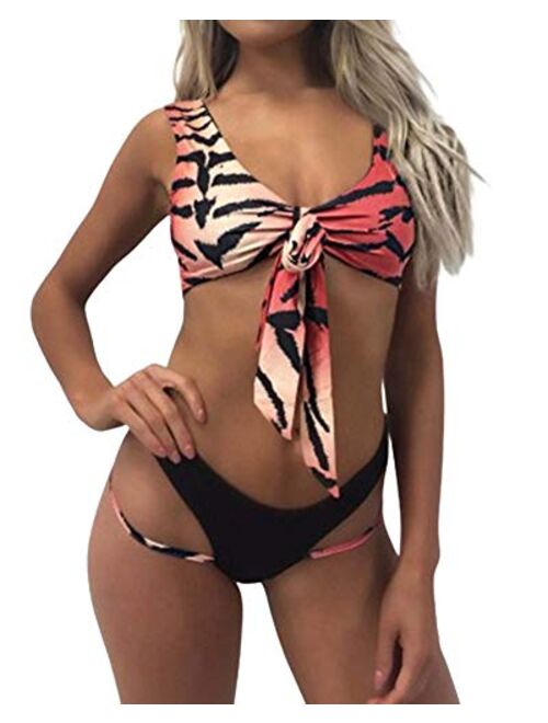 Floral Crop Tie Knot Front High Waisted California Bikini Set Hawaii Two Piece Swimsuit for Women