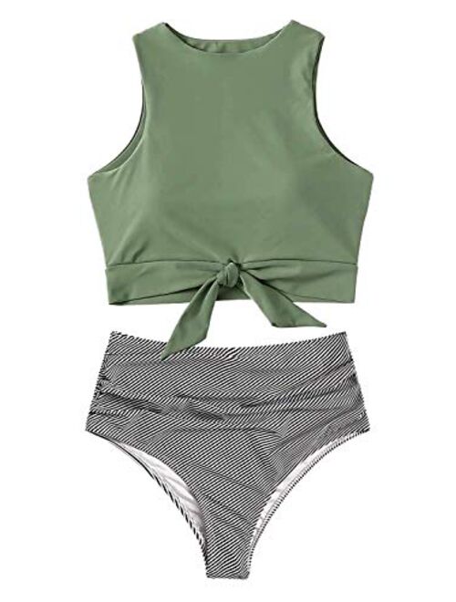 Floral Crop Tie Knot Front High Waisted California Bikini Set Hawaii Two Piece Swimsuit for Women