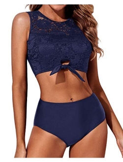 Women Lace Bikini Tie Knot Front High Waisted Swimsuit Padded Two Piece Bathing Suits