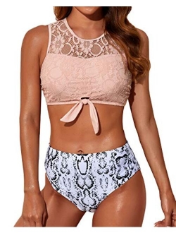 Women Lace Bikini Tie Knot Front High Waisted Swimsuit Padded Two Piece Bathing Suits