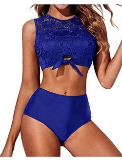 Women Lace Bikini Tie Knot Front High Waisted Swimsuit Padded Two Piece Bathing Suits