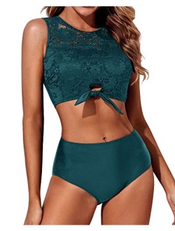 Women Lace Bikini Tie Knot Front High Waisted Swimsuit Padded Two Piece Bathing Suits