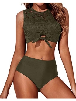 Women Lace Bikini Tie Knot Front High Waisted Swimsuit Padded Two Piece Bathing Suits