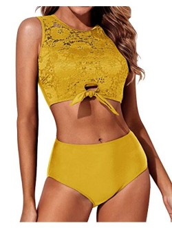 Women Lace Bikini Tie Knot Front High Waisted Swimsuit Padded Two Piece Bathing Suits