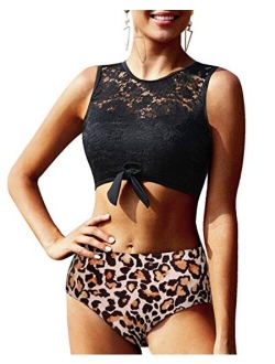 Women Lace Bikini Tie Knot Front High Waisted Swimsuit Padded Two Piece Bathing Suits