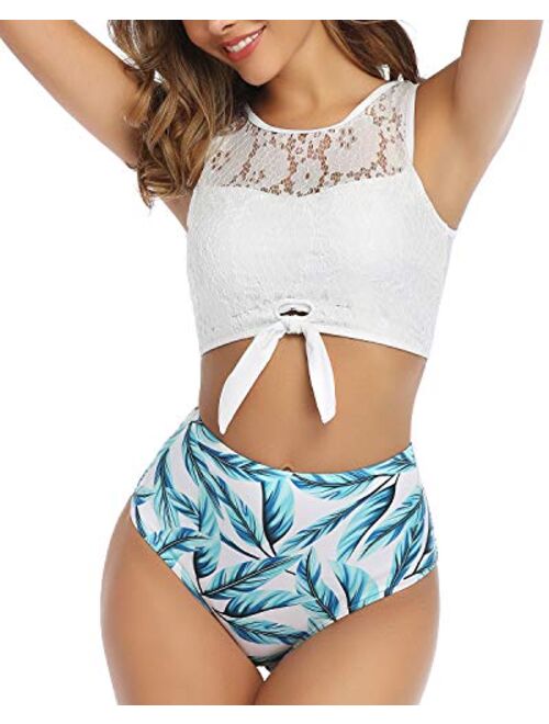 Tempt Me Women Lace Bikini Tie Knot Front High Waisted Swimsuit Padded Two Piece Bathing Suits