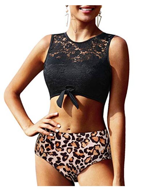 Tempt Me Women Lace Bikini Tie Knot Front High Waisted Swimsuit Padded Two Piece Bathing Suits