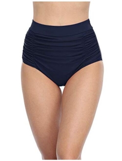 Women's High Waisted Bikini Bottoms Shirred Tankini Briefs Tummy Control Swim Shorts