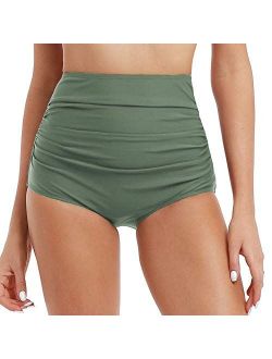 Women's Retro Solid High Waist Ruched Bikini Bottom Swim Brief