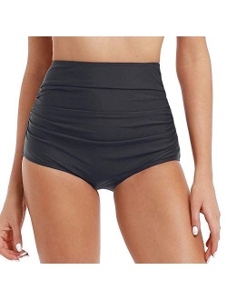 Women's Retro Solid High Waist Ruched Bikini Bottom Swim Brief