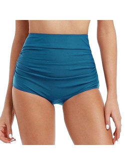 Women's Retro Solid High Waist Ruched Bikini Bottom Swim Brief