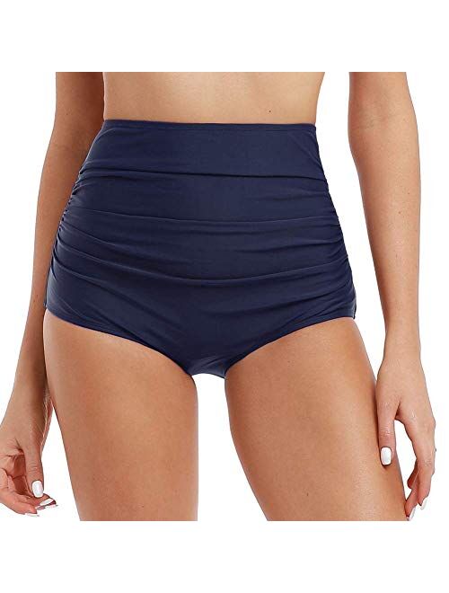 Firpearl Women's Retro Solid High Waist Ruched Bikini Bottom Swim Brief