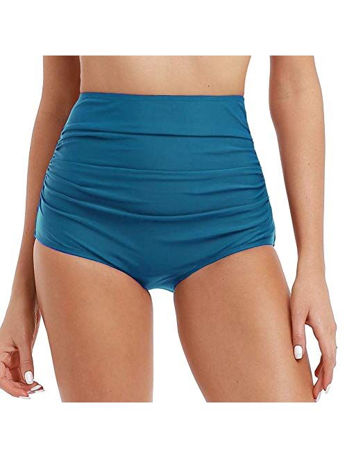 Firpearl Women's Retro Solid High Waist Ruched Bikini Bottom Swim Brief