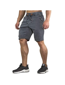 CRYSULLY Men's Cotton Joggers Casual Workout Shorts Running Shorts with Zipper Pockets