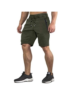 CRYSULLY Men's Cotton Joggers Casual Workout Shorts Running Shorts with Zipper Pockets