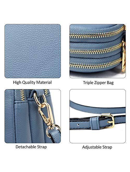 Aeeque Small Crossbody Cell Phone Purse for Women, Triple Zip Bag Leather Wallet