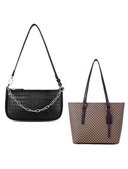 Women Classic Small Clutch Shoulder Tote HandBag bundle with plaid Coffee handbags