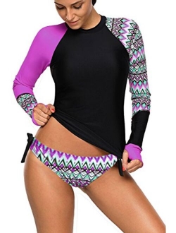 Womens Long Sleeve Rashguard Shirt Color Block Print Tankini Swimsuit