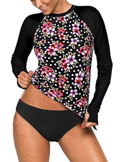 Womens Long Sleeve Rashguard Shirt Color Block Print Tankini Swimsuit