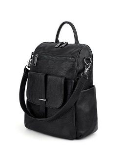 Women Backpack Purse PU Washed Leather Convertible Ladies Rucksack Front Belt Pocket Shoulder Bag 508