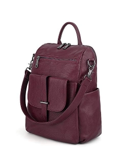 Women Backpack Purse PU Washed Leather Convertible Ladies Rucksack Front Belt Pocket Shoulder Bag 508