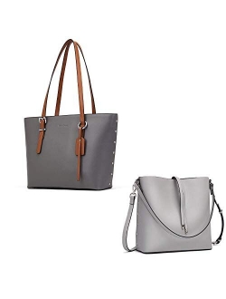 Bundle Women Leather Handbags Purses Designer Tote Shoulder Bag for Daily Work Travel 2 Grey Tote Bag