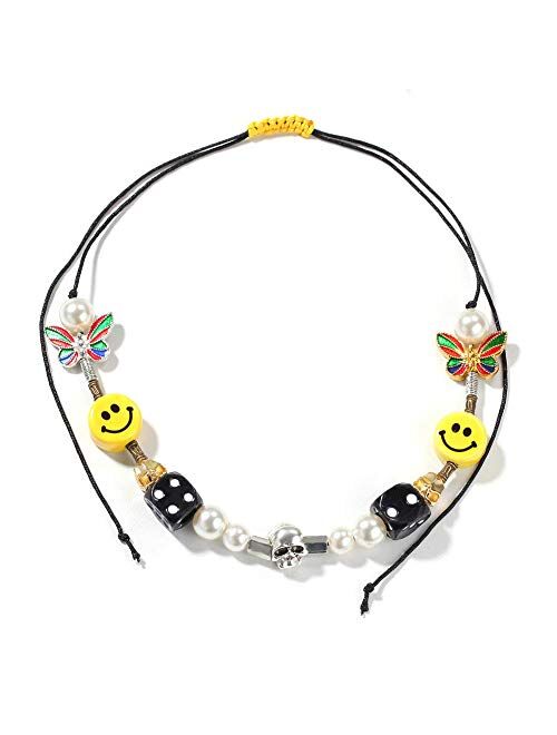 HONIEE Men's Butterfly Skull Dice Pearl Smiley Necklace Punk Hip Hop Street Dance Rock Jewelry Gifts