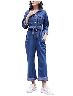 Omoone Long Sleeve Belted Wide Leg Denim Coverall Jumpsuits