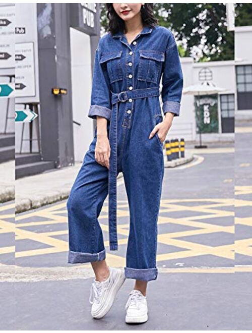 Omoone Long Sleeve Belted Wide Leg Denim Coverall Jumpsuits