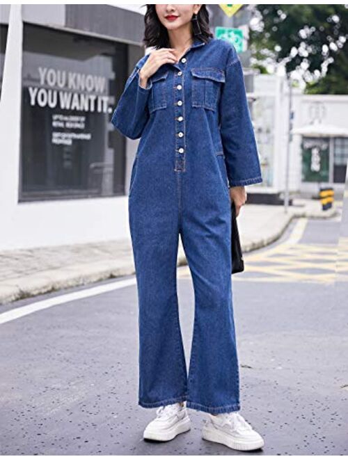 Omoone Long Sleeve Belted Wide Leg Denim Coverall Jumpsuits