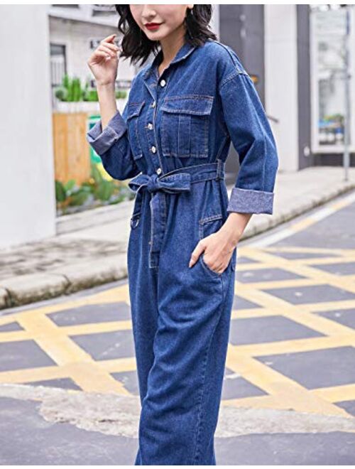 Omoone Long Sleeve Belted Wide Leg Denim Coverall Jumpsuits