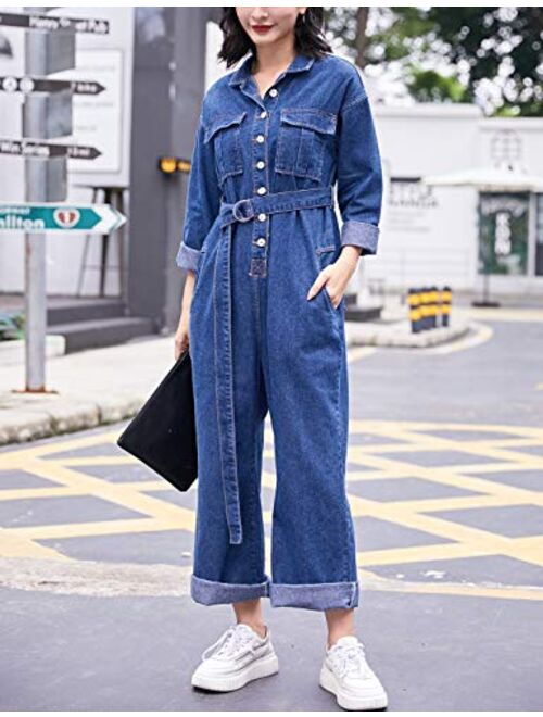 Omoone Long Sleeve Belted Wide Leg Denim Coverall Jumpsuits